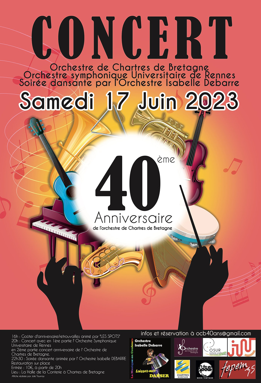 Affiche du concert des 40 ans de l'Orchestre de Chartres-de-Bretagne le 17 juin 2023 à la Halle de la Conterie