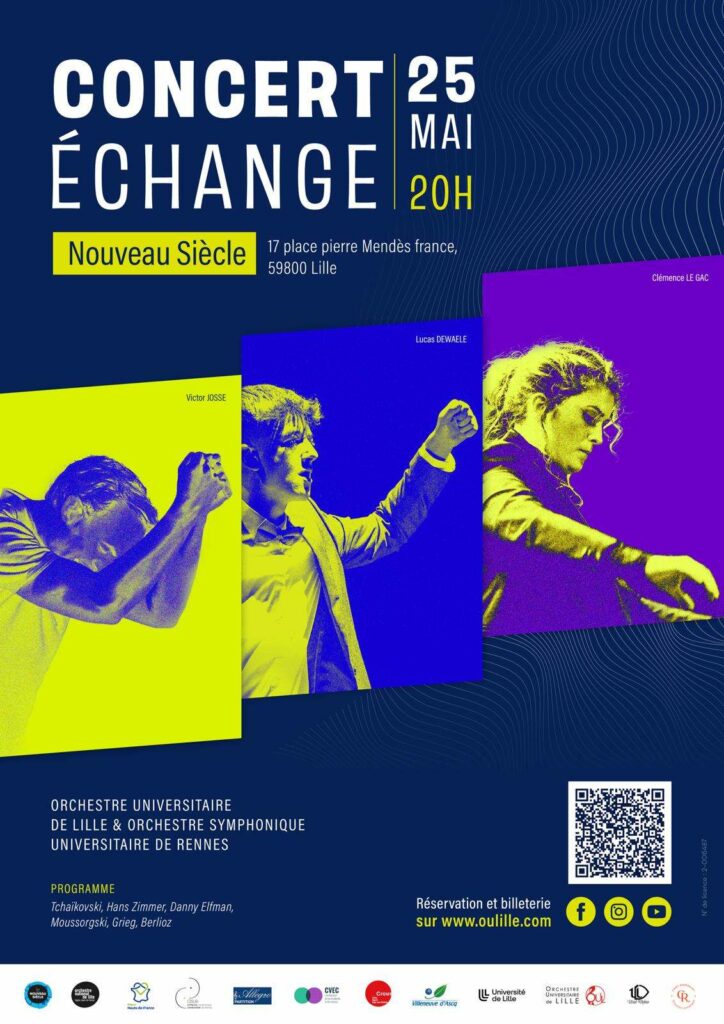 Affiche pour le concert d'échange entre l'OSUR et l'Orchestre Universitaire de Lille le samedi 25 mai au Nouveau Siècle à Lille