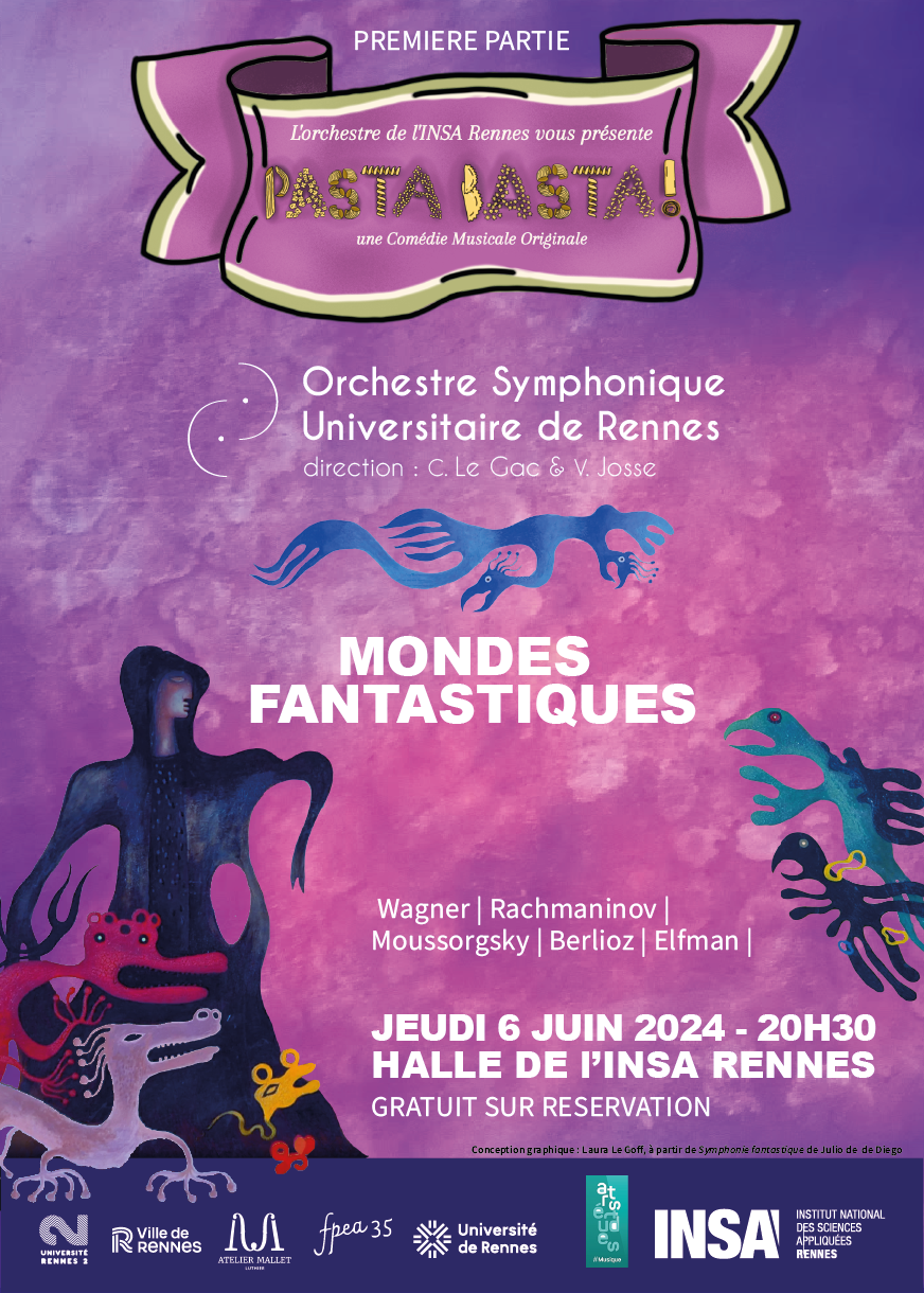 Affiche pour le concert de l'OSUR dans la halle de l'INSA Rennes, avec la filière musique études de l'INSA en première partie. Concert le 6 juin 2024 à 20h30. Gratuit sur réservation.