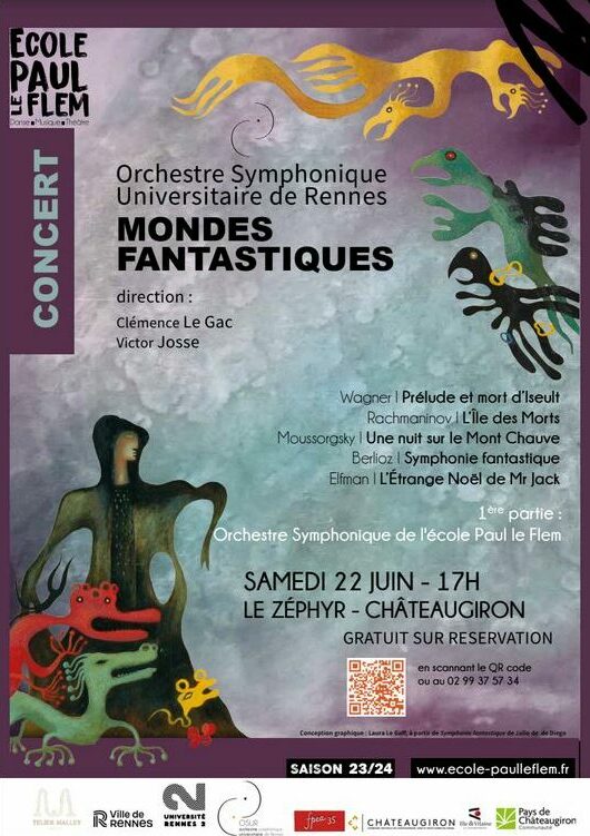 Affiche pour le concert autour des Mondes fantastiques de l'OSUR au Zéphyr à Châteaugiron. Organisé par l'école Paul Le Flem. Samedi 22 juin à 17h.